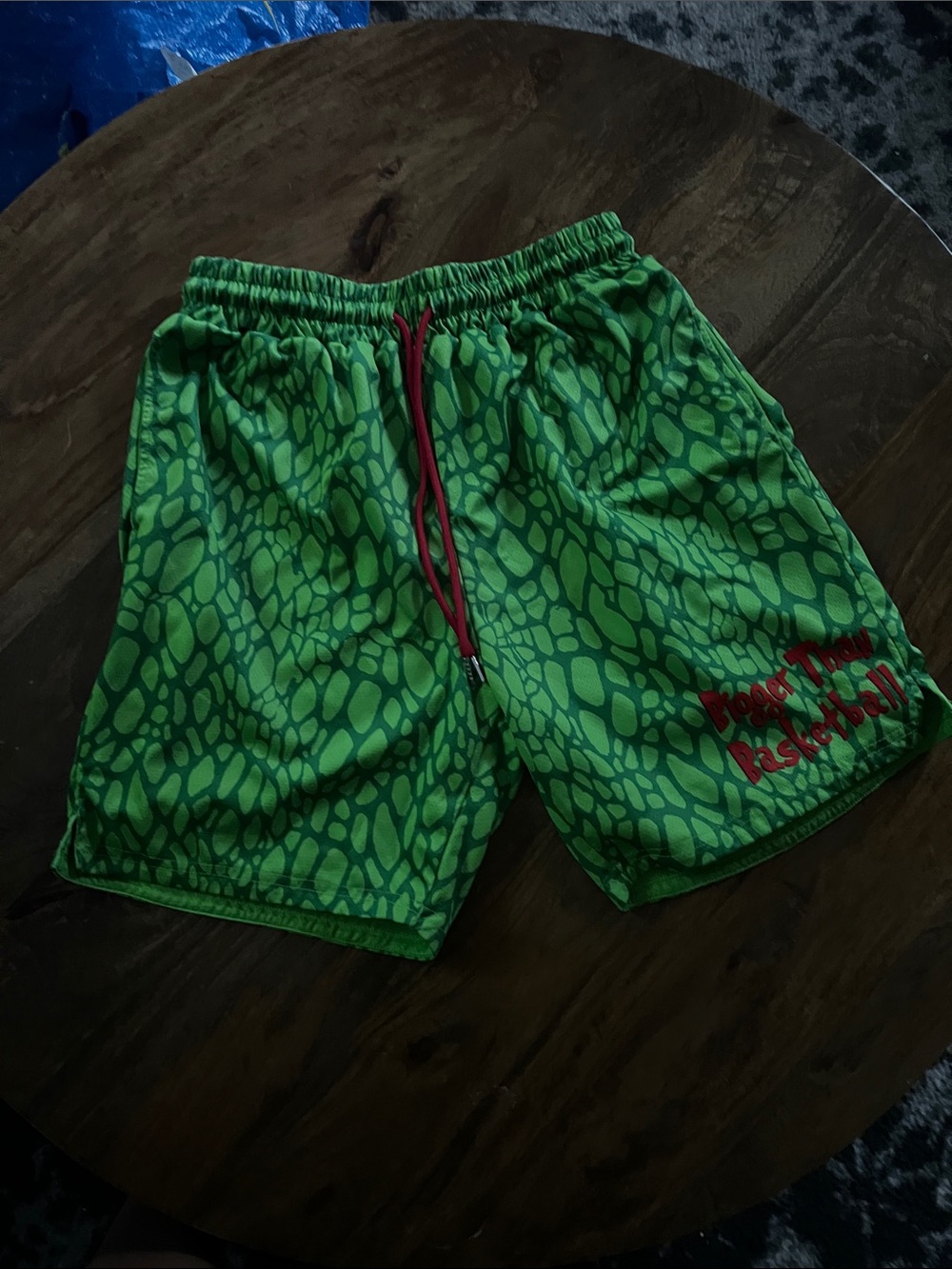 Grinch Patterned Athletic Shorts with Red Drawstring- bigger than Basketball